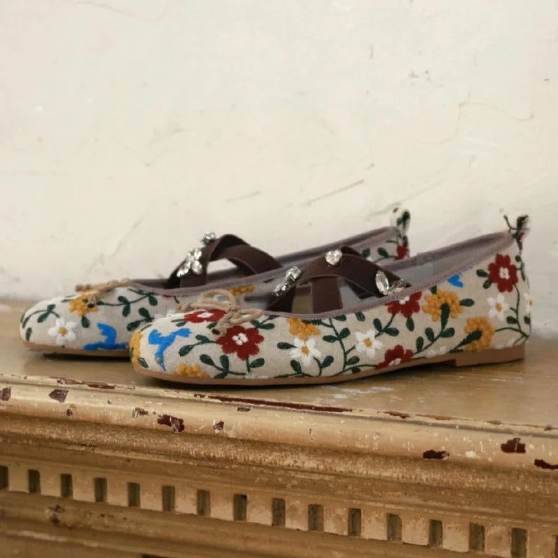 Embroidery Flower Ballet Flats Women Rhinestone Leopard Shallow Casual Footwear Female Comfy Fashion Brand Mary Jane Shoes Women