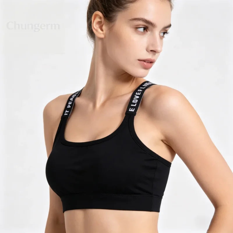 Women's Seamless Sports Crop Top Wide Letter Straps Wireless Back Comfortable Yoga Fitness Workout Activewear