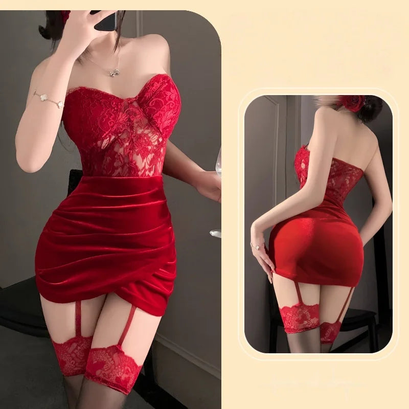 Fashionable French Gold Velvet Sleeping Skirt with Sexy Splicing Lace Waist and Strapless Skirt Sexy Underwear Festival Dress