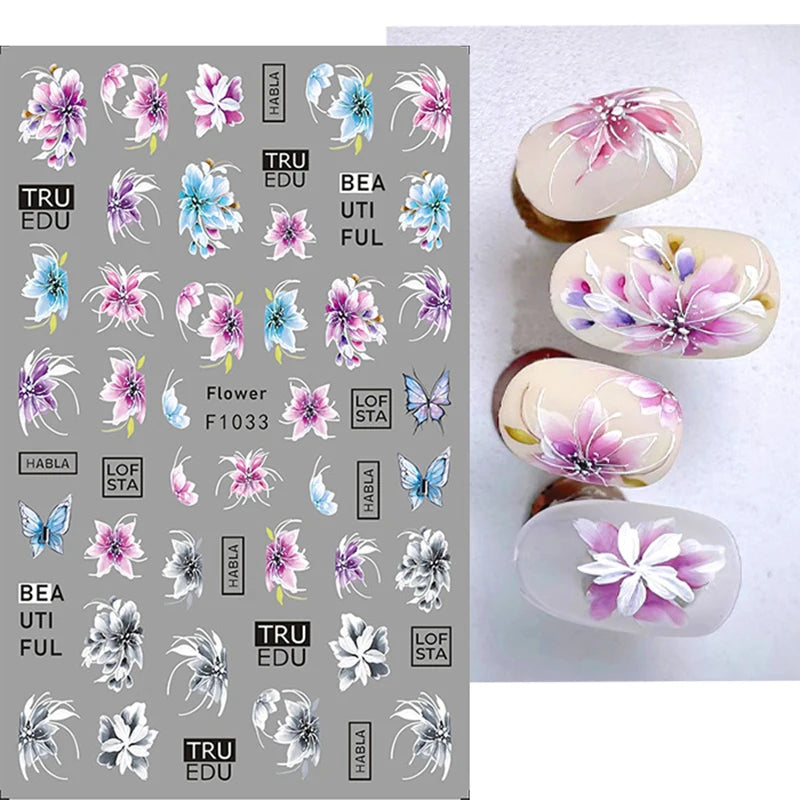 3d Nail Art Decals Grey Dry Florals Watercolor Nuance Flowers Adhesive Sliders Nails Stickers Decorations For Manicures Tips