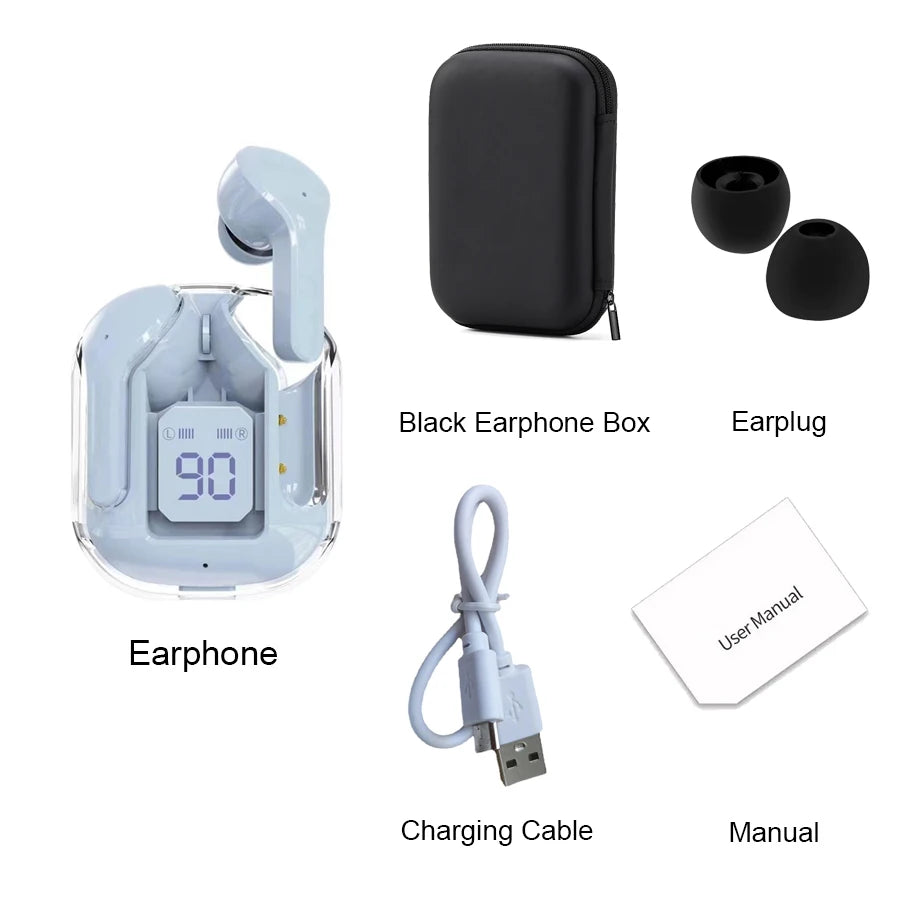 New Bluetooth 5.3 Wireless Headset Transparent Headphones LED Power Digital Display Stereo Sound Earphones for Sports Working