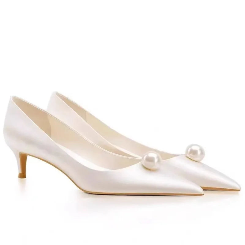 2026 New Luxury Designer White Satin Wedding Bridal Shoes Pearl High Heels Daily Fashion High Heels