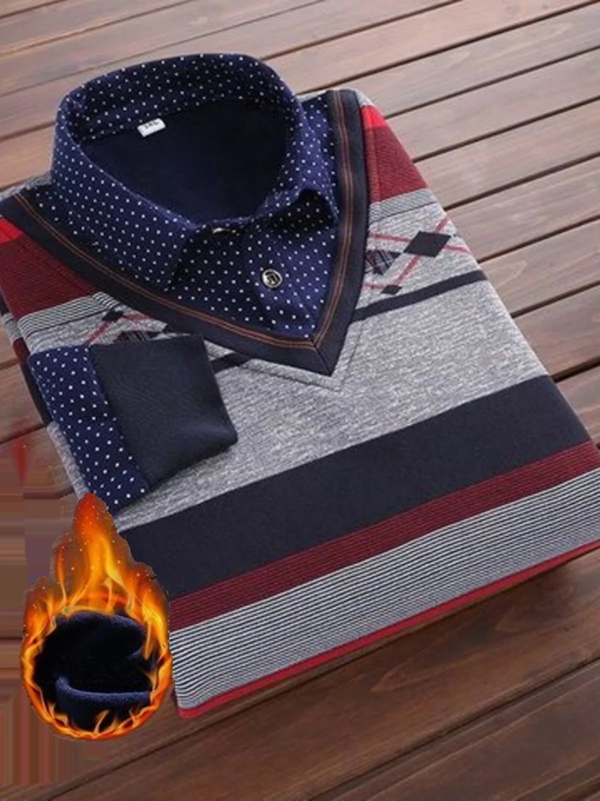 Thiened Fce Warmth Underwear irt Collar Slim Fit Dad Base irt Fake Two-Piece Design Winter Season Long Sve Knitwear