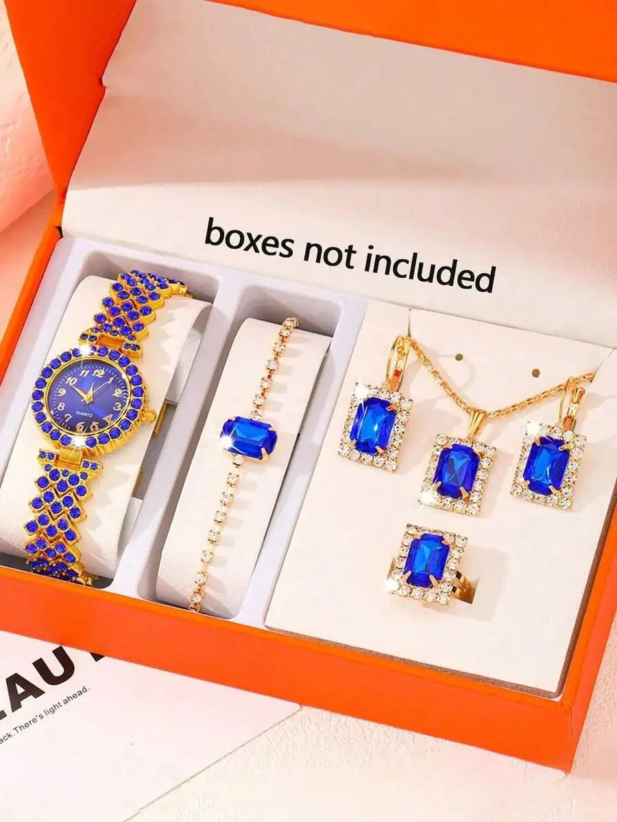 Luxury Blue Crystal Inlaid Alloy Womens Quartz Wristwatch With Bracelet Band