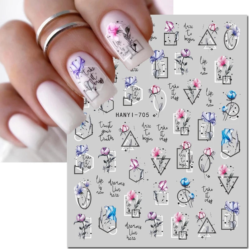 3d Nail Art Decals Grey Dry Florals Watercolor Nuance Flowers Adhesive Sliders Nails Stickers Decorations For Manicures Tips