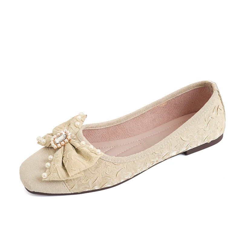 Diamond-encrusted bow versatile flat shoes 2026 new square toe soft sole slip-on single shoes