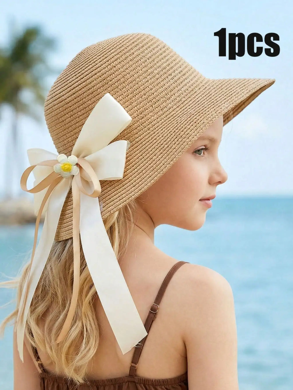 1Pc 3-8Y Girls Coffee Bow Straw Hat Woven Sun Hat Breathable Outdoor Beach Summer Shade Cap for Kids Daily Play Travel