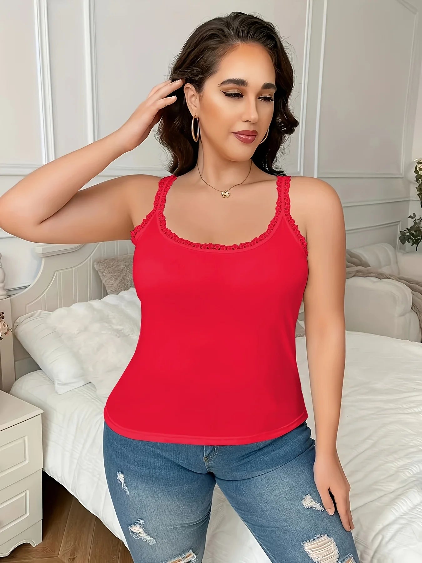 6 Pieces Plus Size Lace Camisole for Women, Slim Fit Thin Sexy Lace Tank Tops, Solid Color Inner Wear & Outer Wear Basic Vest
