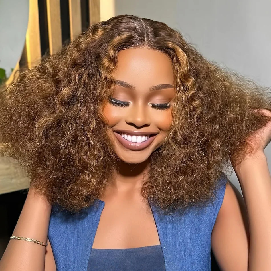 Highlight Honey Blonde Wear And Go Glueless Bob Wig Human Hair Curly Deep Wave Ombre Brown 5X5 Hd Lace Closure Wig 250 Density