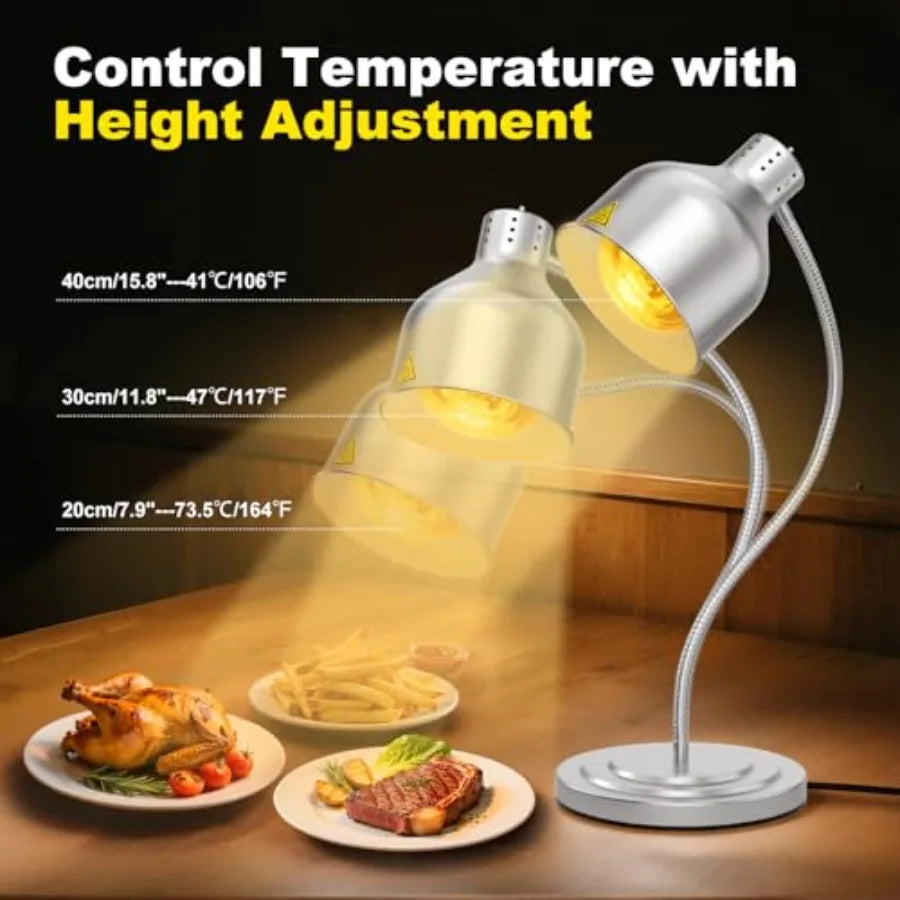 Food Heat Lamp for Restaurant Kitchen Buffet Counter Party Catering, Stainless Steel, Silver, 250W Dual-Bulb 360 Adjustable Por