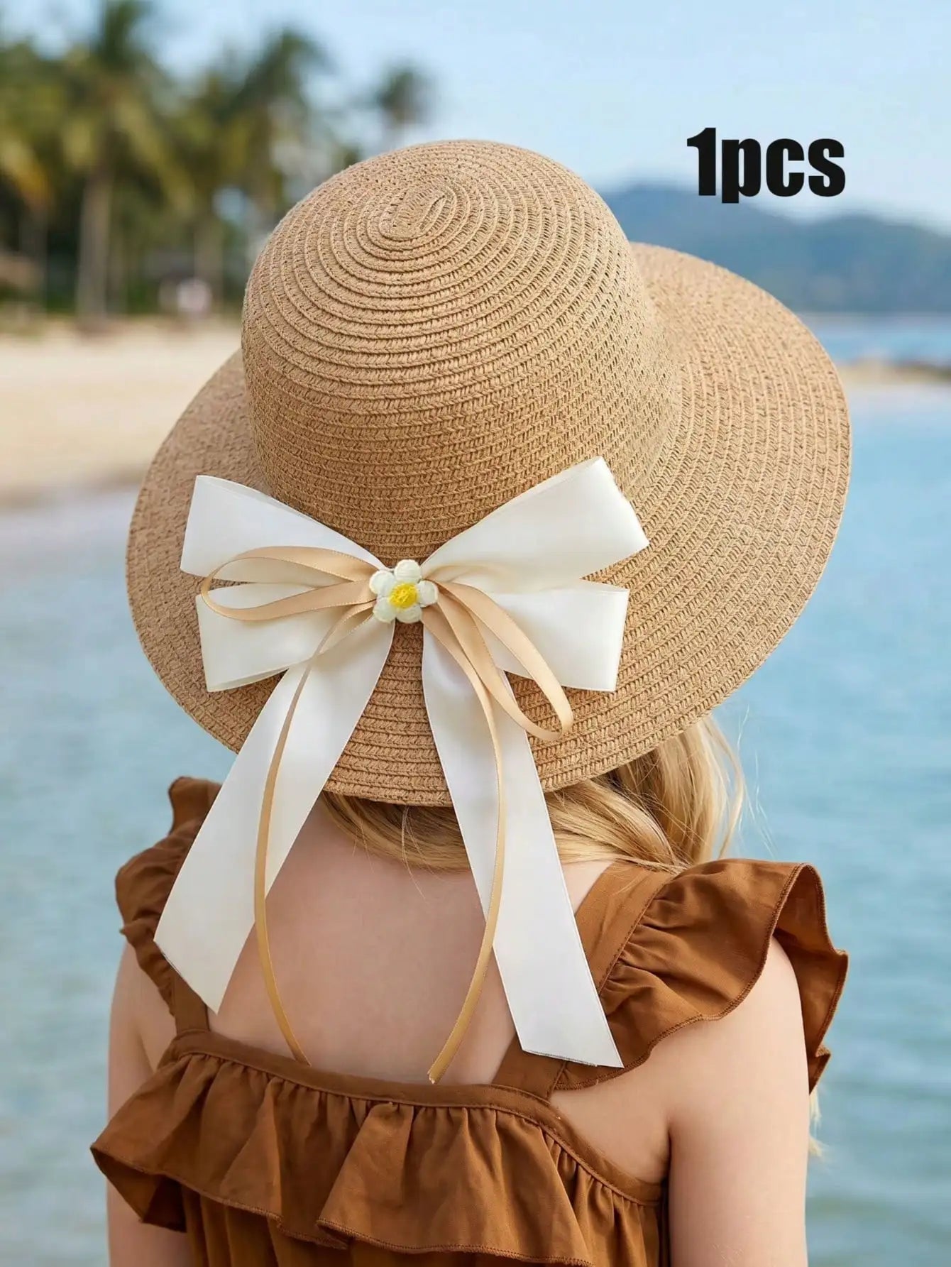1Pc 3-8Y Girls Coffee Bow Straw Hat Woven Sun Hat Breathable Outdoor Beach Summer Shade Cap for Kids Daily Play Travel