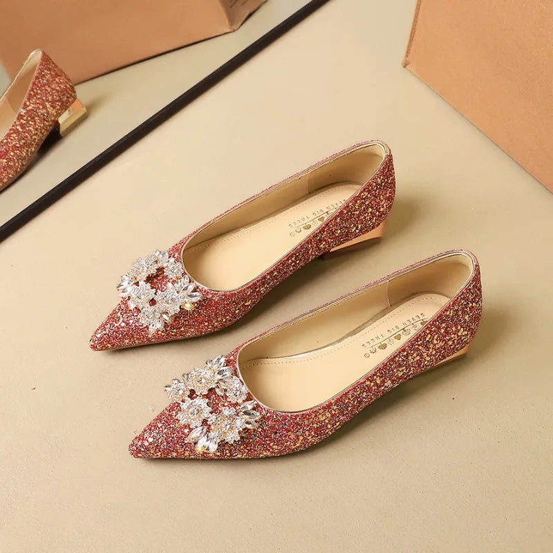 Designer Women Shoes Luxury Sequin Crystal Wedding Bridal Shoes Temperament Metal Buckle Rhinestone Pointe Low Heel Single Shoes