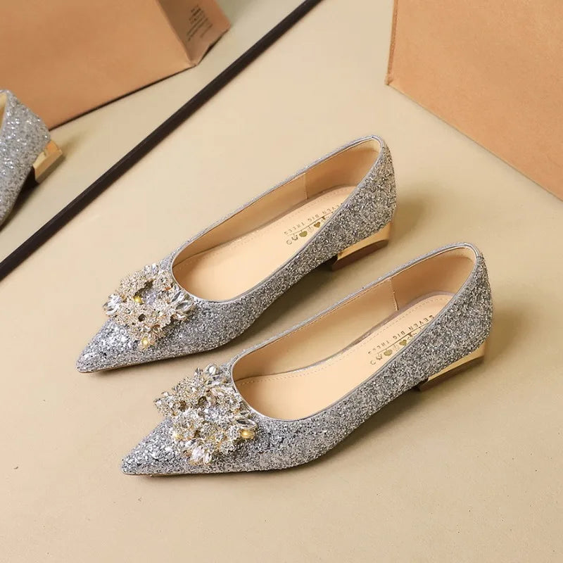 Designer Women Shoes Luxury Sequin Crystal Wedding Bridal Shoes Temperament Metal Buckle Rhinestone Pointe Low Heel Single Shoes