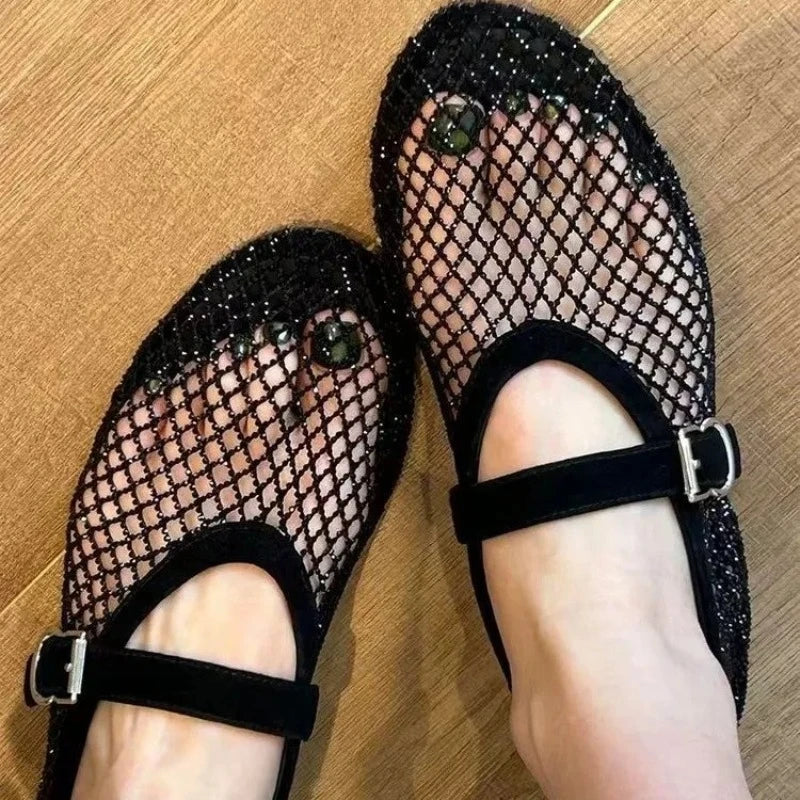 Hollow Rhinestone Baotou Sandals Women 2026 New Fishing Net Breathable Woven Mary Jane Single Shoes