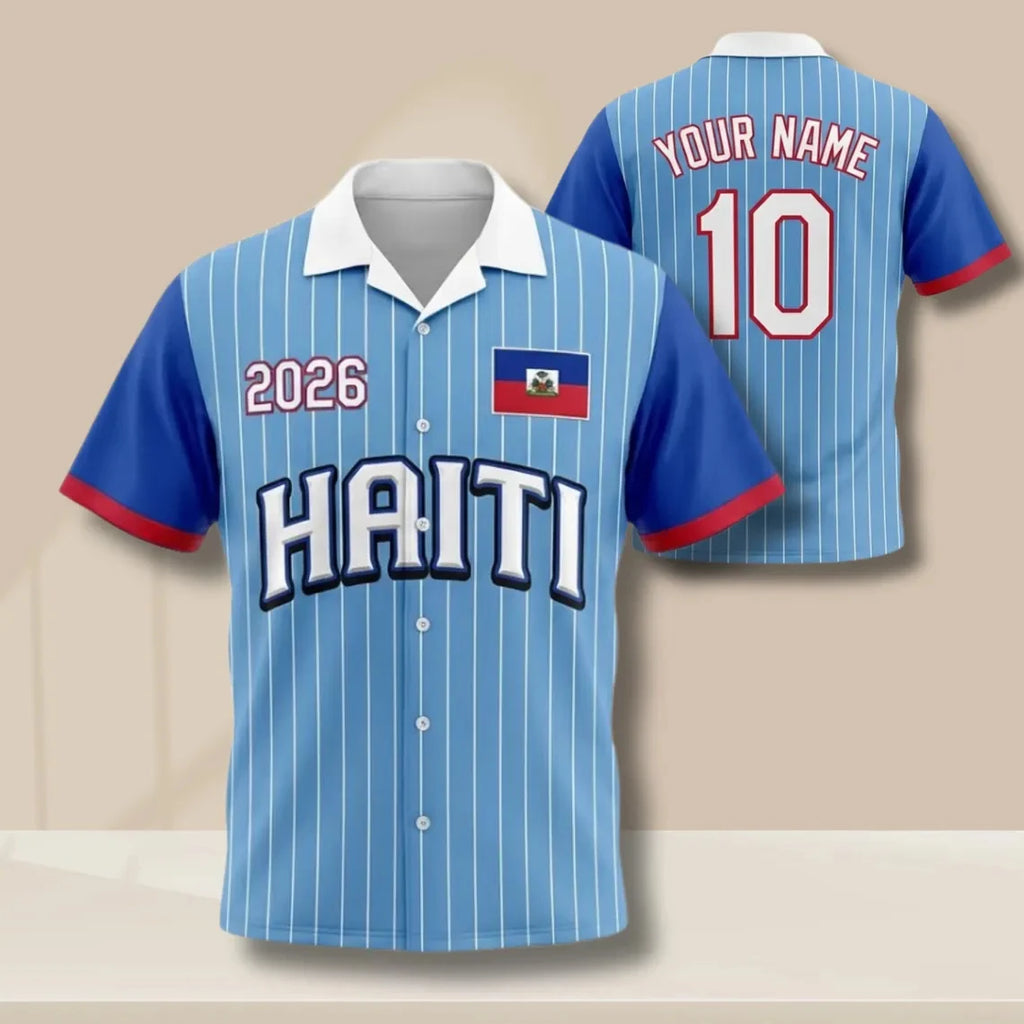 Haiti 2026 Print Custom Diy Sports Jersey Personalized Name Number Short Sleeve Button Up Shirt For Haiti Supporters Daily Tops