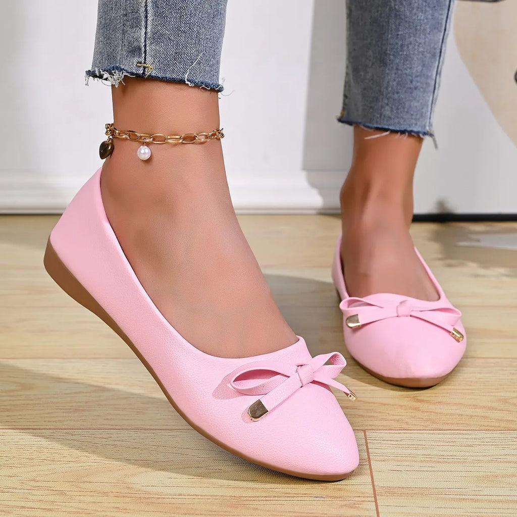 Bow Shallow Mouth Soft Sole Comfortable Leather Shoes Women's New Wedge Single Shoes