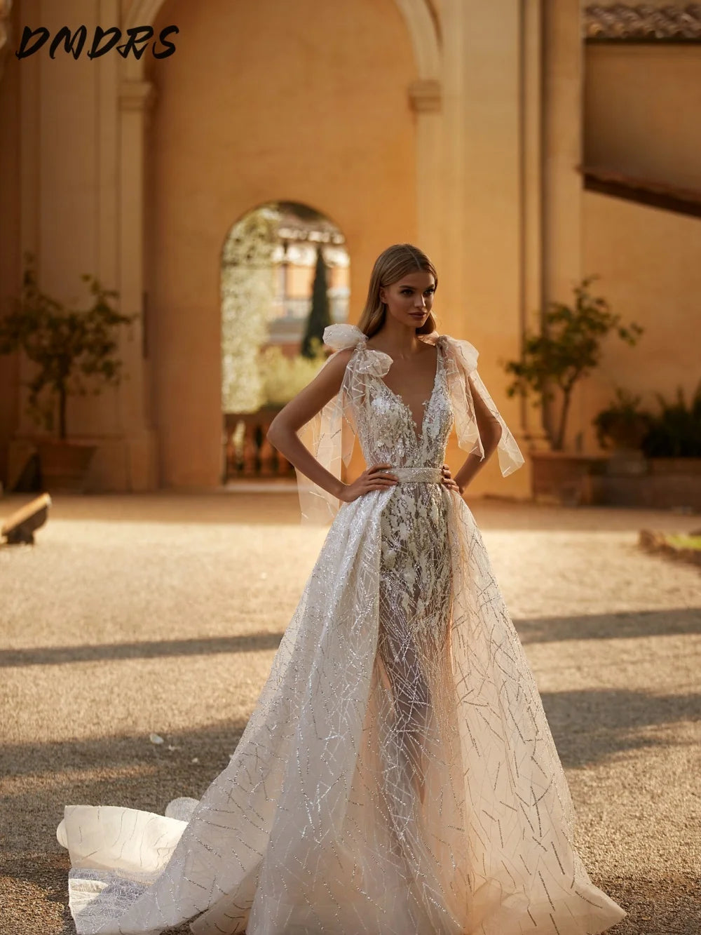 Sexy Deep V Neck Wedding Dress 2026 Charming Shiny Sleeveless Bridal Gown Elegant Removable Floor-Length Gown Customized