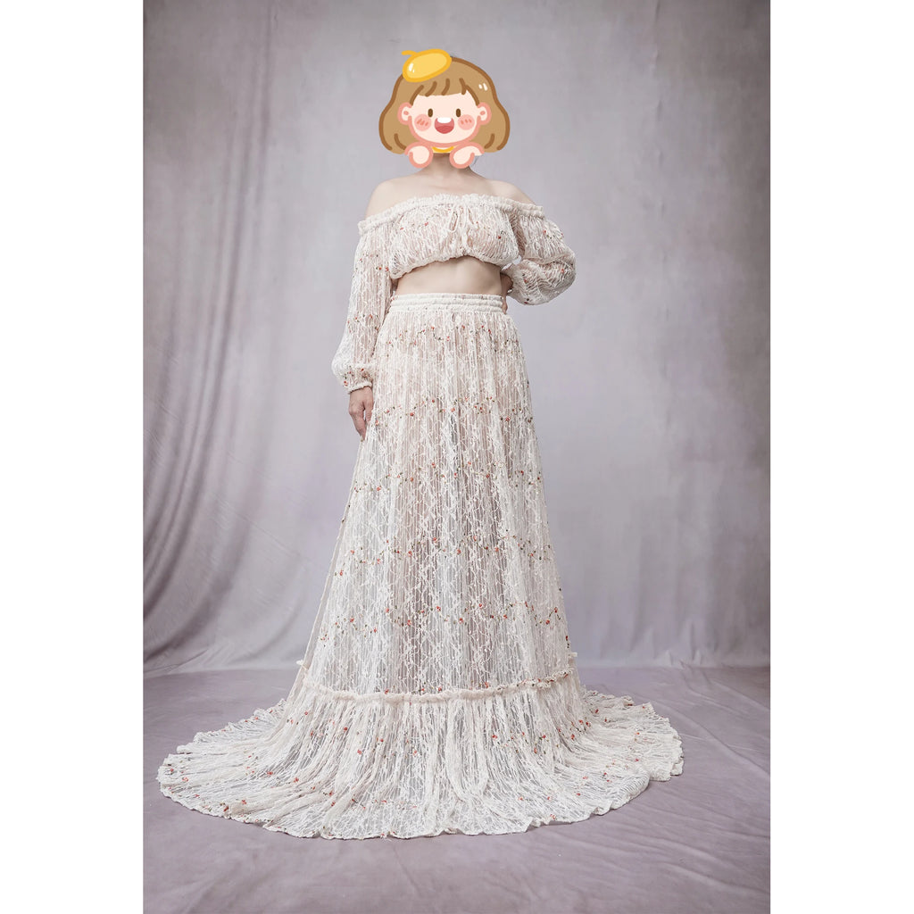 Don&Judy Flower Embroider Wedding Dresses Boho Bride Lace Two Pieces Party Gown Side Slit Maternity Photography Pregnancy Women