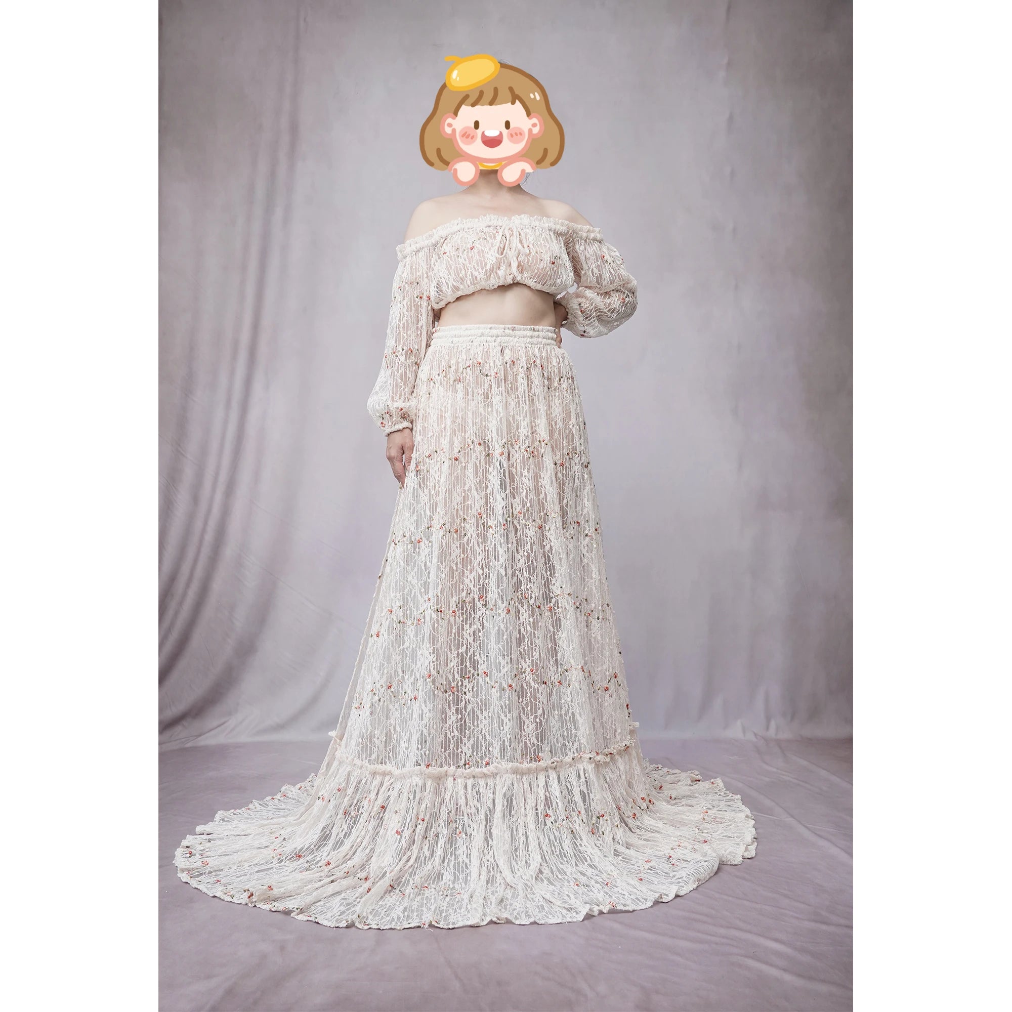 Don&Judy Flower Embroider Wedding Dresses Boho Bride Lace Two Pieces Party Gown Side Slit Maternity Photography Pregnancy Women