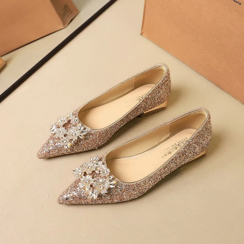Designer Women Shoes Luxury Sequin Crystal Wedding Bridal Shoes Temperament Metal Buckle Rhinestone Pointe Low Heel Single Shoes