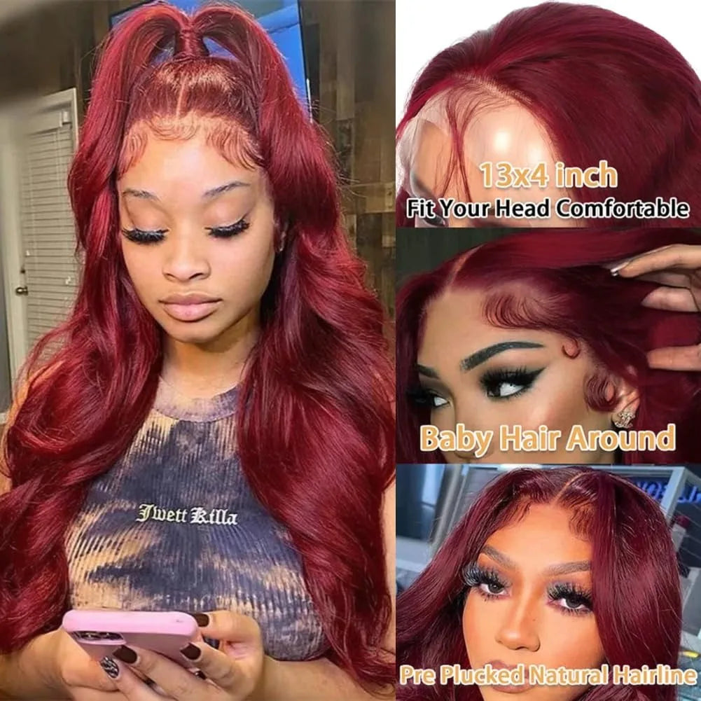 99J Burgundy 200% Density Body Wave Brazilian 13x4 Lace Front Human Hair Wigs For Women 40 Inch 13x6 Lace Frontal Human Hair Wig