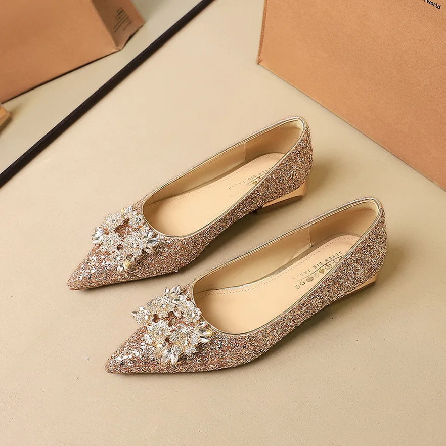 Designer Women Shoes Luxury Sequin Crystal Wedding Bridal Shoes Temperament Metal Buckle Rhinestone Pointe Low Heel Single Shoes