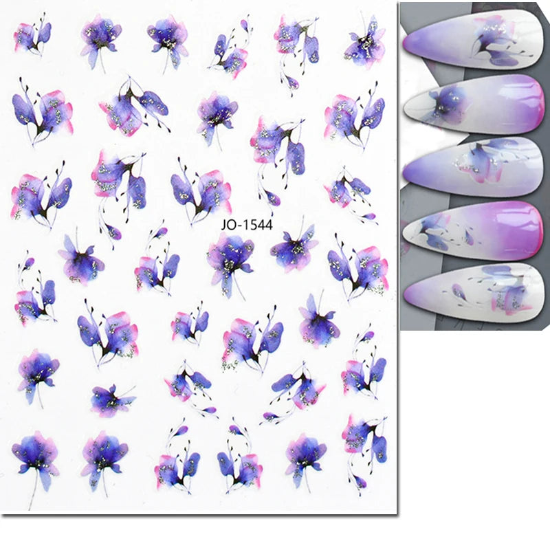 3d Nail Art Decals Grey Dry Florals Watercolor Nuance Flowers Adhesive Sliders Nails Stickers Decorations For Manicures Tips