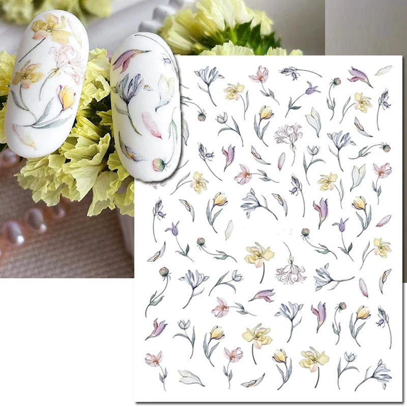 3d Nail Art Decals Grey Dry Florals Watercolor Nuance Flowers Adhesive Sliders Nails Stickers Decorations For Manicures Tips