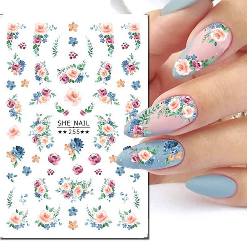 3d Nail Art Decals Grey Dry Florals Watercolor Nuance Flowers Adhesive Sliders Nails Stickers Decorations For Manicures Tips
