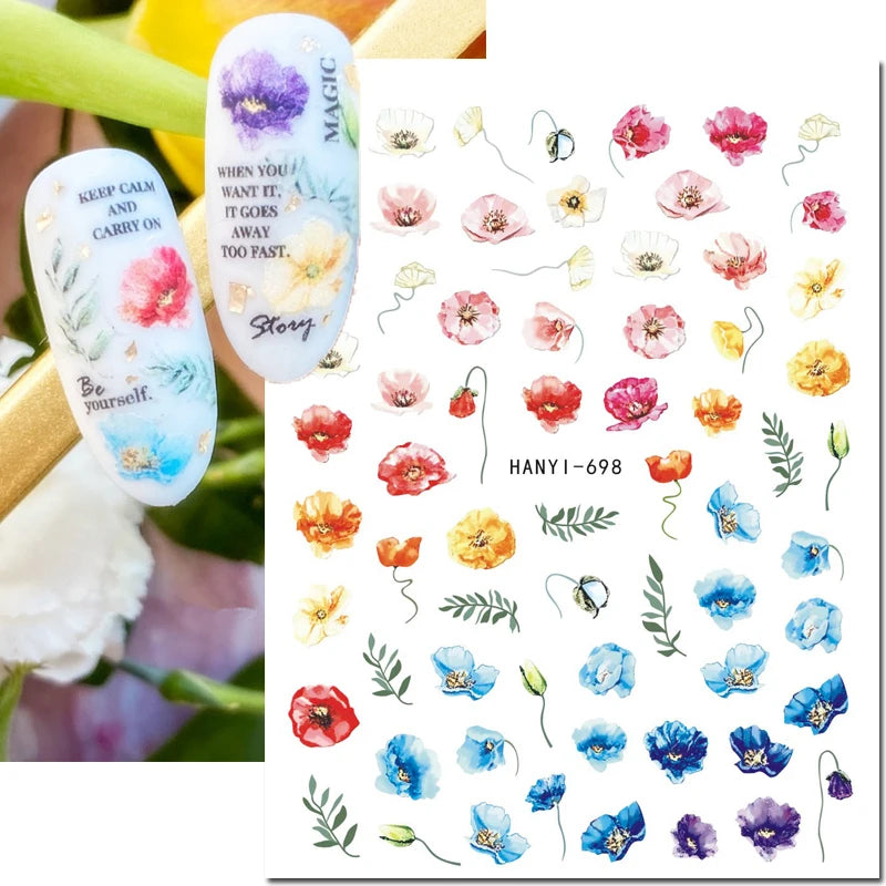3d Nail Art Decals Grey Dry Florals Watercolor Nuance Flowers Adhesive Sliders Nails Stickers Decorations For Manicures Tips