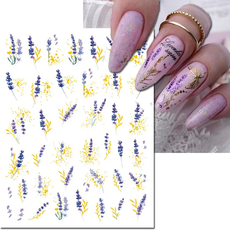 3d Nail Art Decals Grey Dry Florals Watercolor Nuance Flowers Adhesive Sliders Nails Stickers Decorations For Manicures Tips