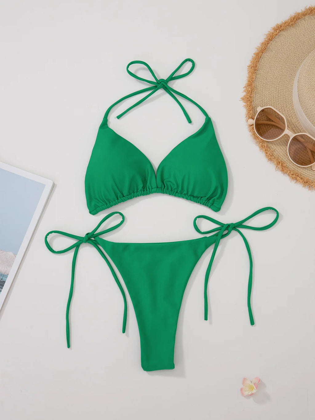 New European and American Pure Color Sexy Tied Rope Spicy Girl Temperament Women's Fashionable Bikini Swimsuit Bright Color