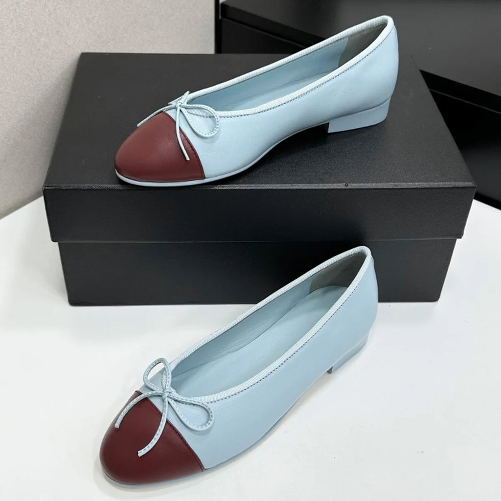 2026 Women's Two-Tone Cap-Toe Ballet Flats, Round Toe Leather Slip-On Shoes, Retro Elegant Chic Office & Date Flats YYT26041914