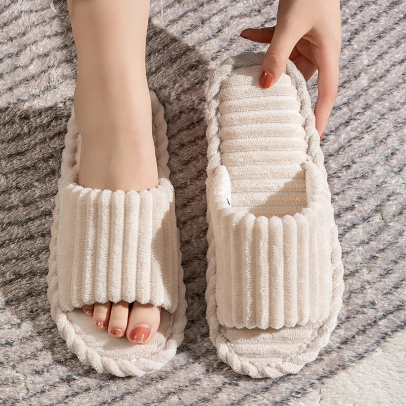 Open-Toe Breathable House Slippers for Women, Non-Slip Indoor Flat Comfort Striped/Solid Bathroom Slides for Hardwood Floors