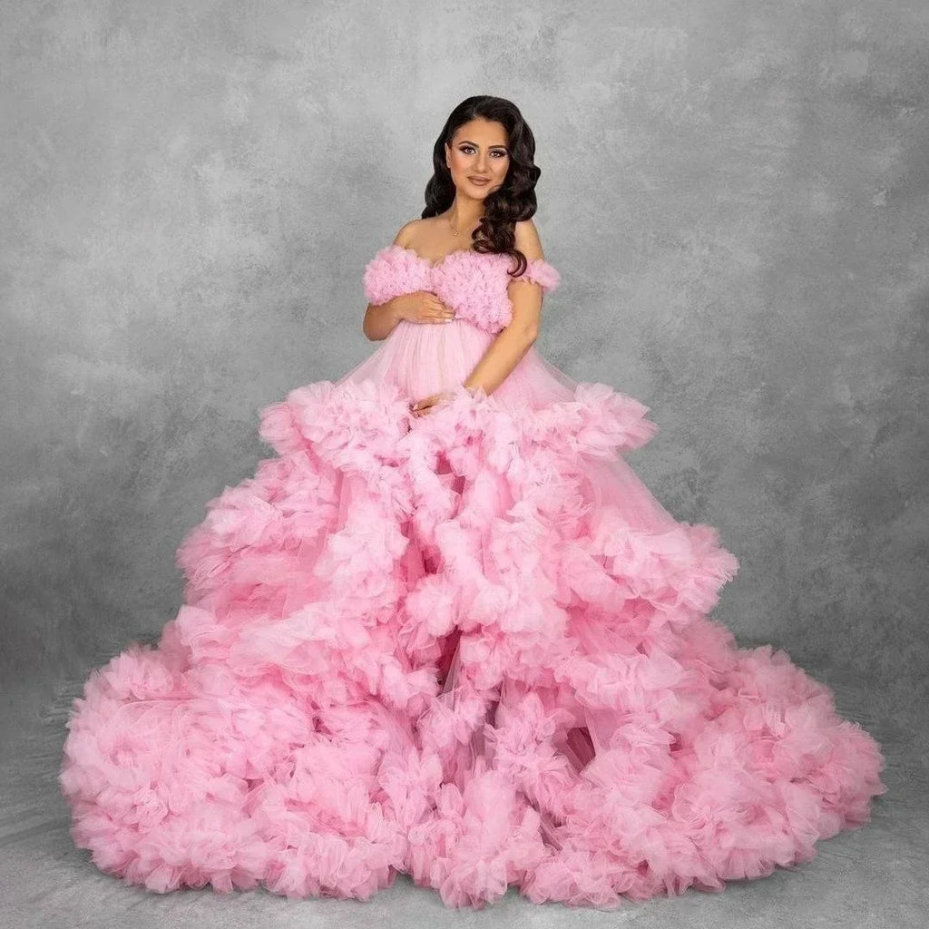 Maternity Dresses Customized Photoshoot Tiered Ruffles Pregnant Women Gowns Baby Shower Off Shoulder Front Slit Bridal Sleepwear