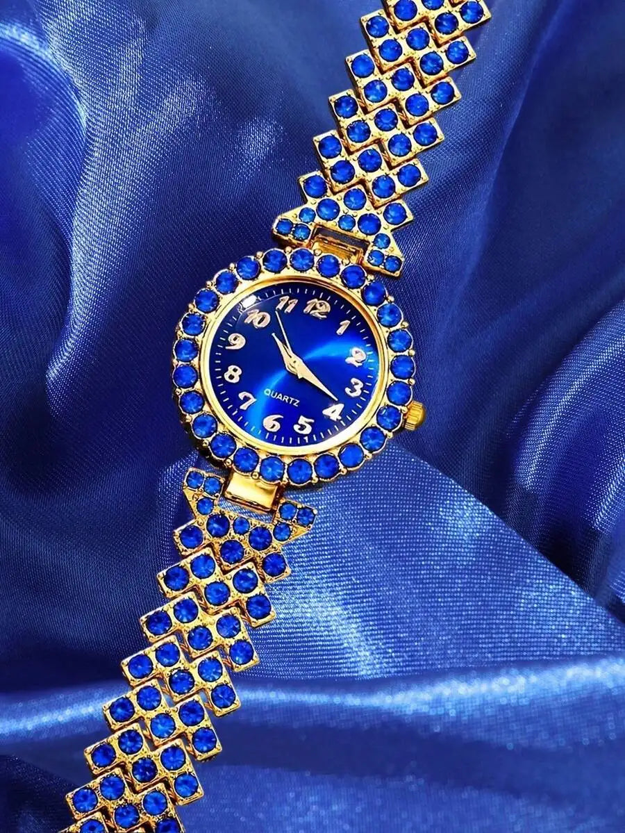 Luxury Blue Crystal Inlaid Alloy Womens Quartz Wristwatch With Bracelet Band