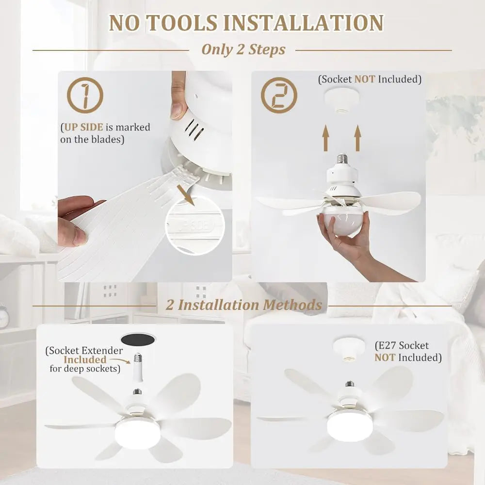 Socket Fan Light with Remote, Portable Ceiling Fan for Bedroom, Kitchen, Living Room, E26 Base 40W Dimmable 3000K-6000K