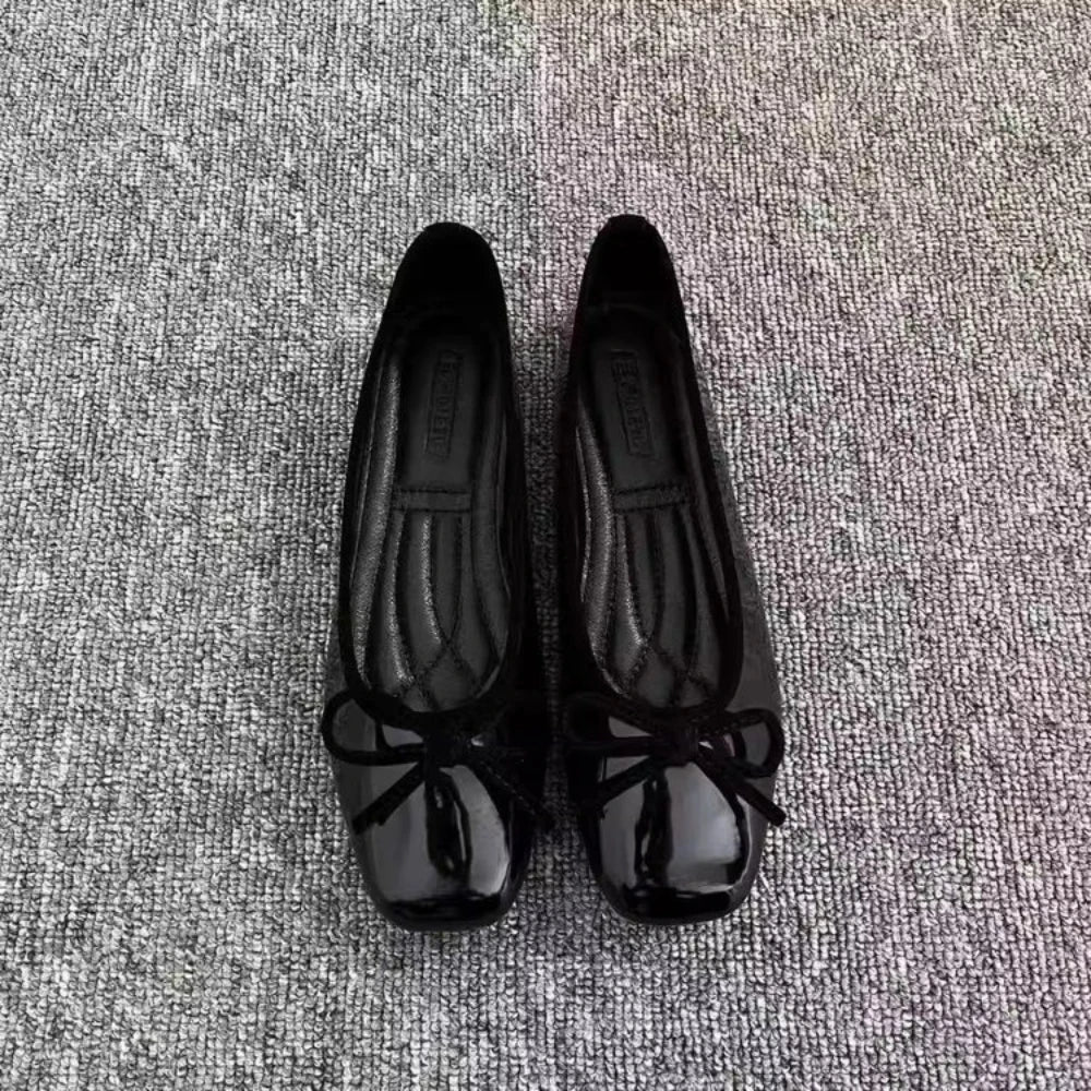 Women Nude Pink Patent Leather Ballet Flats Square Toe Bowknot Decor Slip on Comfortable Elegant Casual Dress Shoes