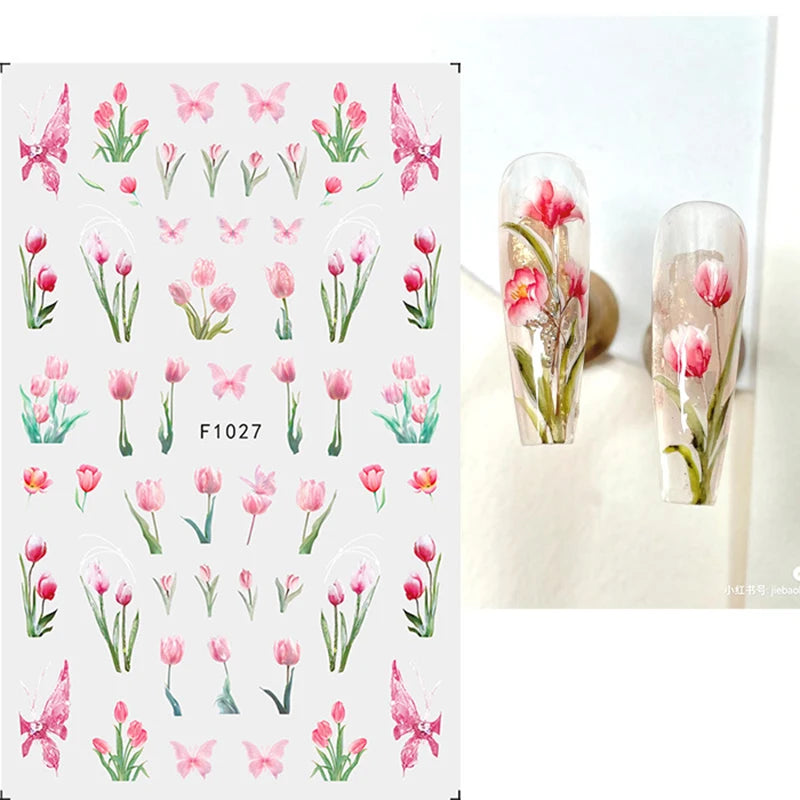 3d Nail Art Decals Grey Dry Florals Watercolor Nuance Flowers Adhesive Sliders Nails Stickers Decorations For Manicures Tips