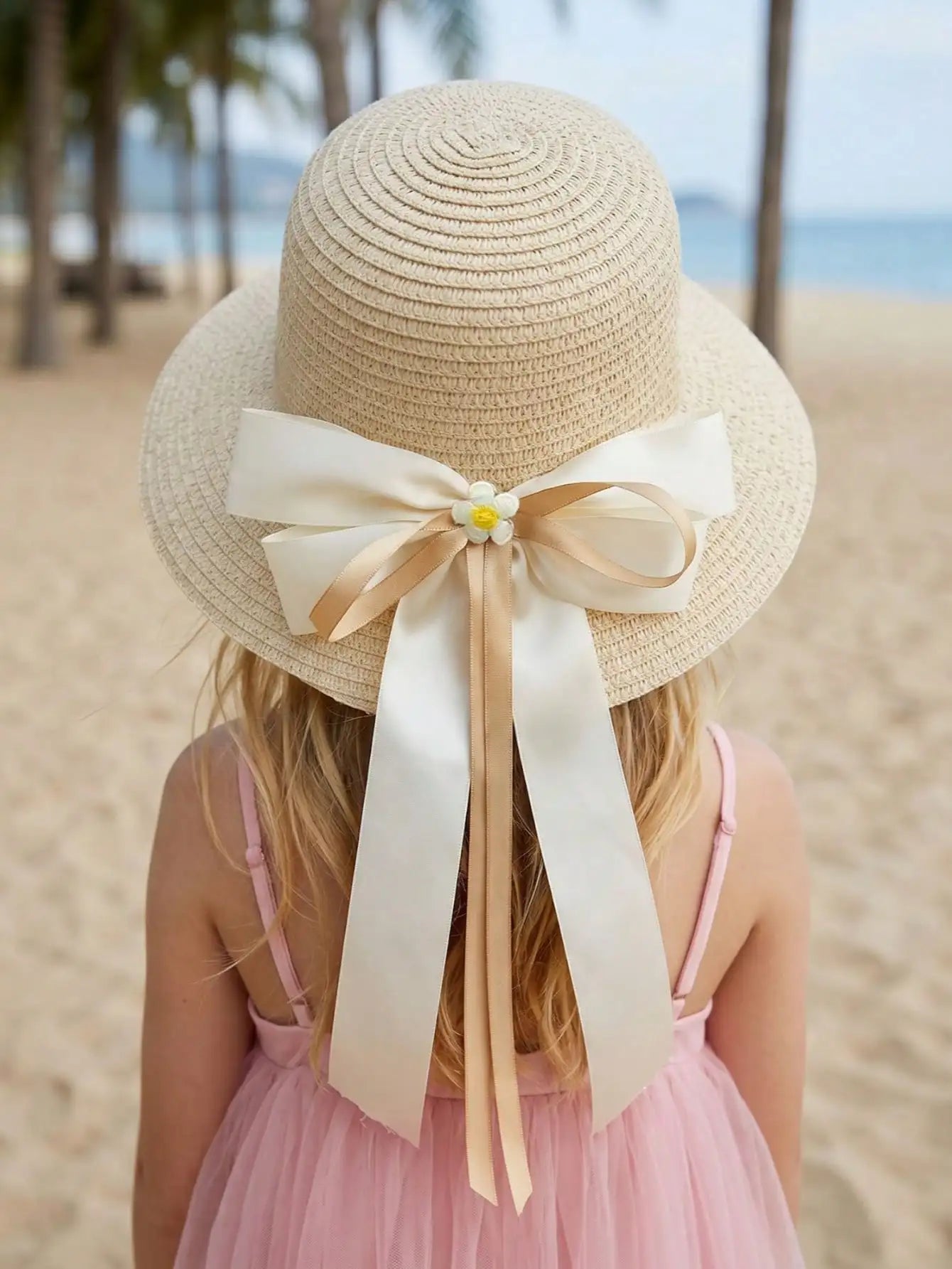 1Pc 3-8Y Girls Coffee Bow Straw Hat Woven Sun Hat Breathable Outdoor Beach Summer Shade Cap for Kids Daily Play Travel