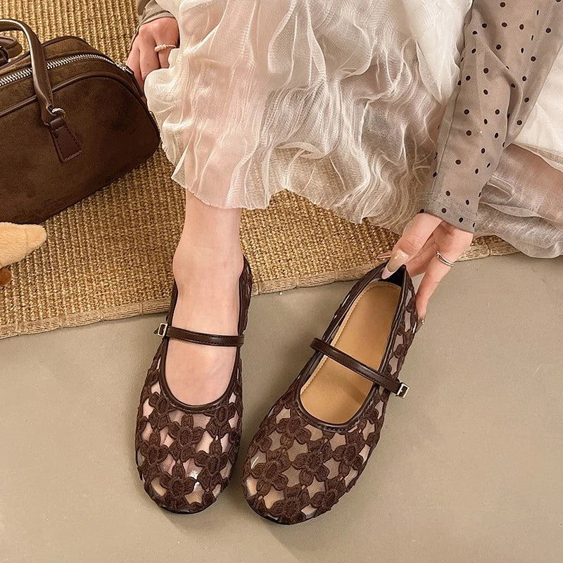 Women's Ballet Flats Ballerina Shoes 2026 Summer New Comfortable Embroidered Mesh Buckle Strap Elegant Shoe