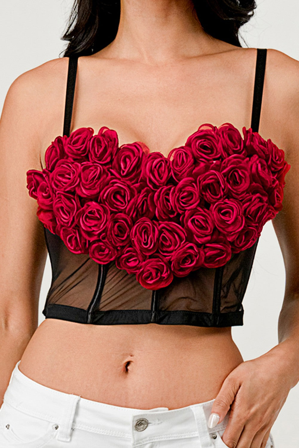 3D Heart Rose & Mesh Cropped Top- Black/Red
