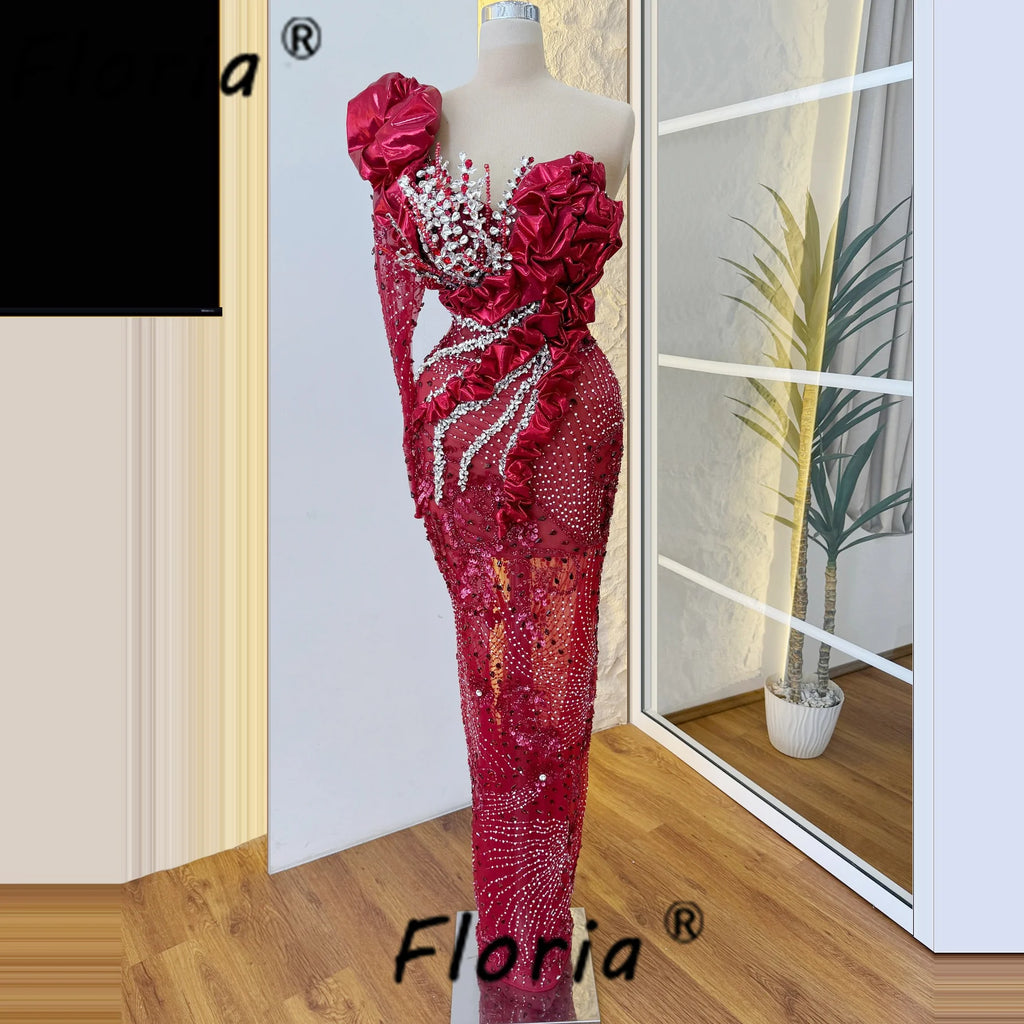 Luxury Red Dubai Wedding Dress One Shoulder Beaded Crystal Mermaid Bride Party Gowns Customized African Woman Vestidos de fiesta