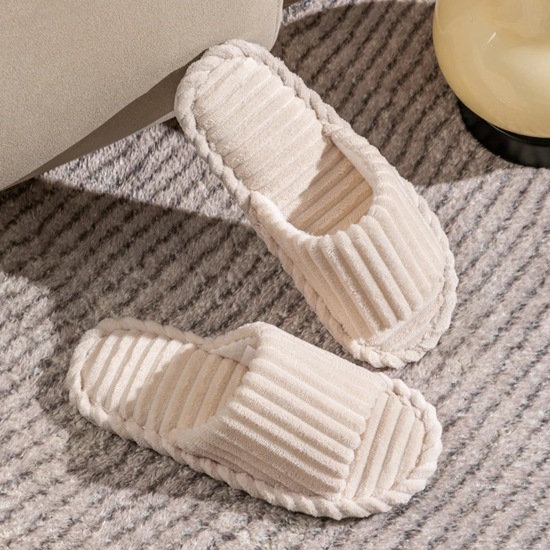 Open-Toe Breathable House Slippers for Women, Non-Slip Indoor Flat Comfort Striped/Solid Bathroom Slides for Hardwood Floors