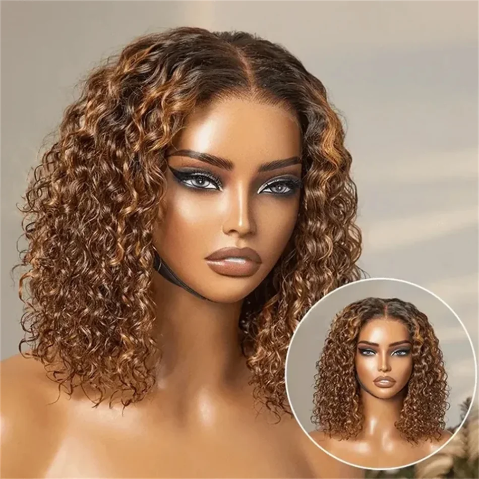 Highlight Honey Blonde Wear And Go Glueless Bob Wig Human Hair Curly Deep Wave Ombre Brown 5X5 Hd Lace Closure Wig 250 Density