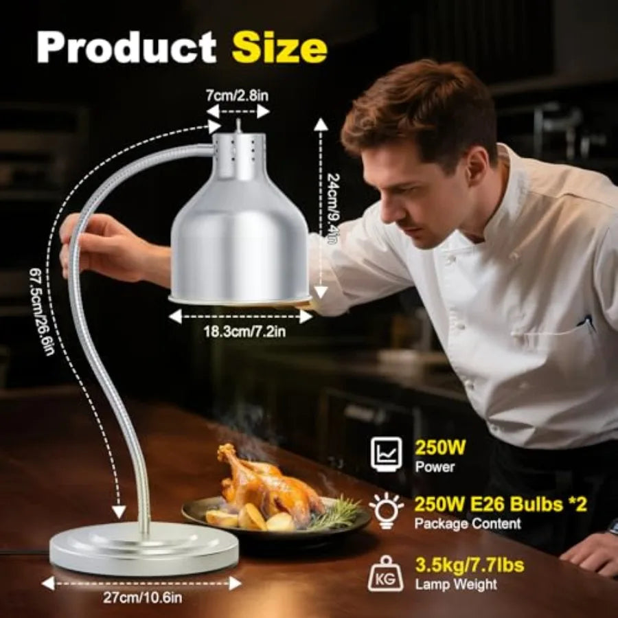 Food Heat Lamp for Restaurant Kitchen Buffet Counter Party Catering, Stainless Steel, Silver, 250W Dual-Bulb 360 Adjustable Por
