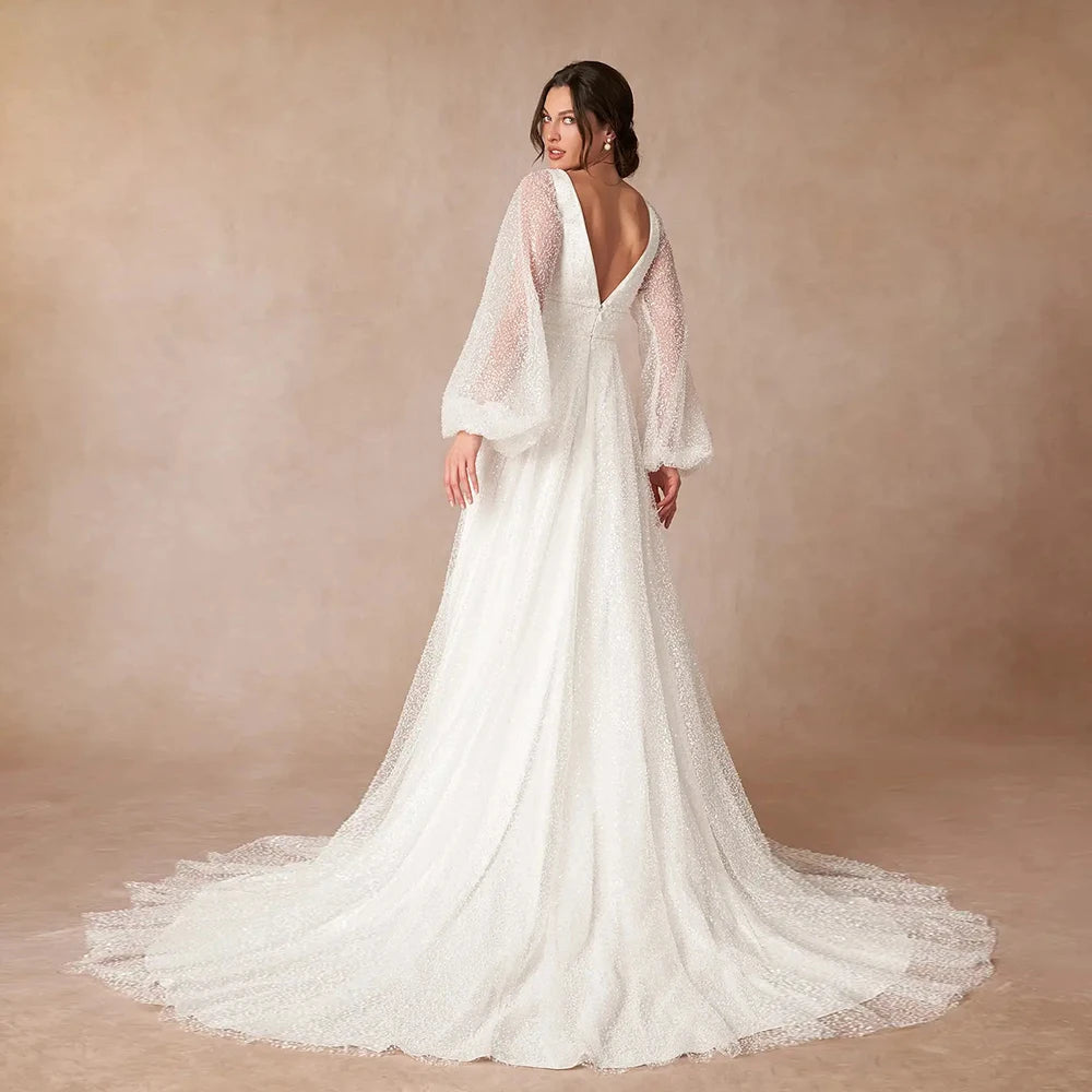 Strapless Full Sleeve Wedding Dresses with Sequined 2025 Side Slit Bridal Gowns Sweep Train Vestido De Novia New Zipper Back