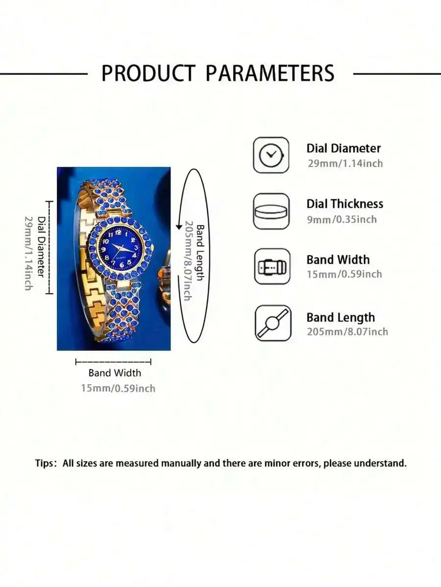 Luxury Blue Crystal Inlaid Alloy Womens Quartz Wristwatch With Bracelet Band