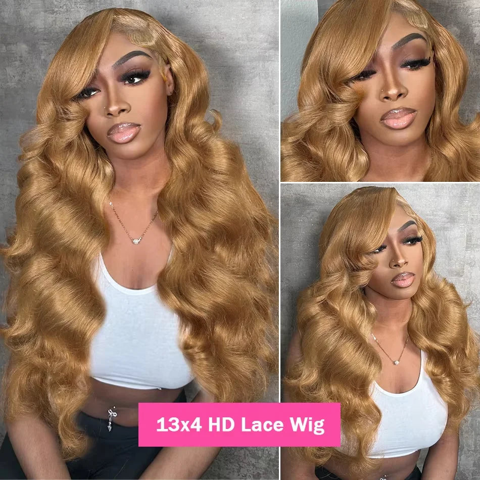 Peruvian 34 36 inch Honey Blonde 13x6 HD Lace Front Human Hair Wigs #27 Color Body Wave Glueless 13x4 Lace Fontal Wig For Women