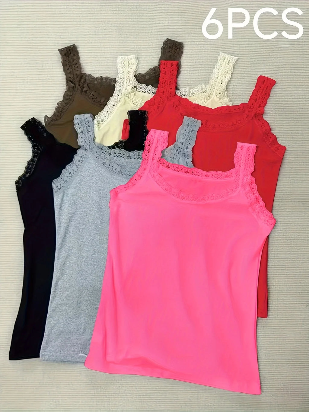 6 Pieces Plus Size Lace Camisole for Women, Slim Fit Thin Sexy Lace Tank Tops, Solid Color Inner Wear & Outer Wear Basic Vest